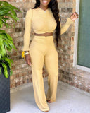 Ruched Bell Sleeve Crop Top & Bootcut Pants Set