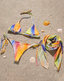 Abstract Print Tied Detail Rhinestone Bikini Set With Cover Up