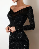 Contrast Lace Glitter Bodycon Dress