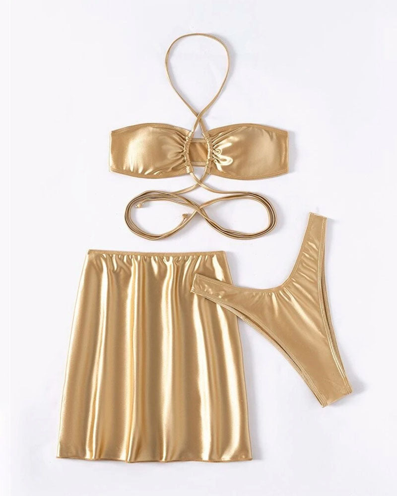 Metallic Halter Bikini Set With Cover Up Skirt