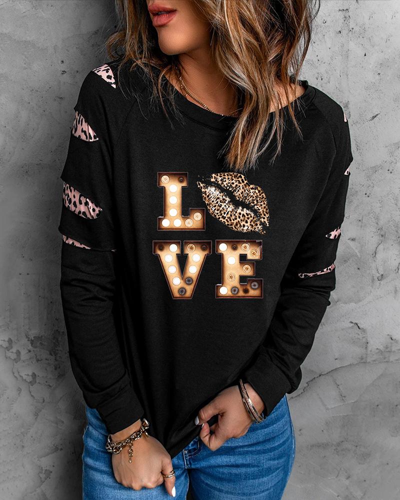 Valentine's Day Leopard Heart Letter Print Cutout Top