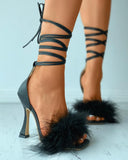 Feather Detail Square Toe Strappy Pyramid Heels