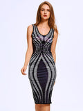 Women Sexy V Neck Multicolor Stripe Print Sleeveless Bodycon Dress