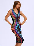 Women Sexy V Neck Multicolor Stripe Print Sleeveless Bodycon Dress