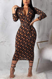 fashion letter printing long sleeve brown dress