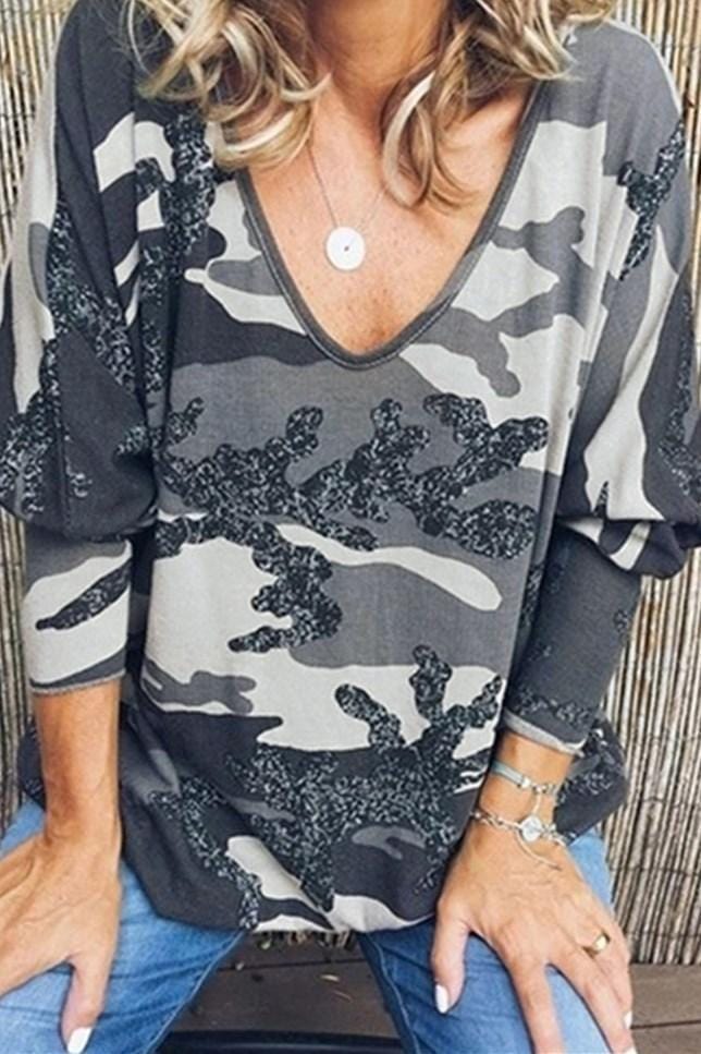 sexy v neck loose print long sleeved top