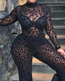 Plus Size Sheer Mesh Leopard Print Jumpsuit