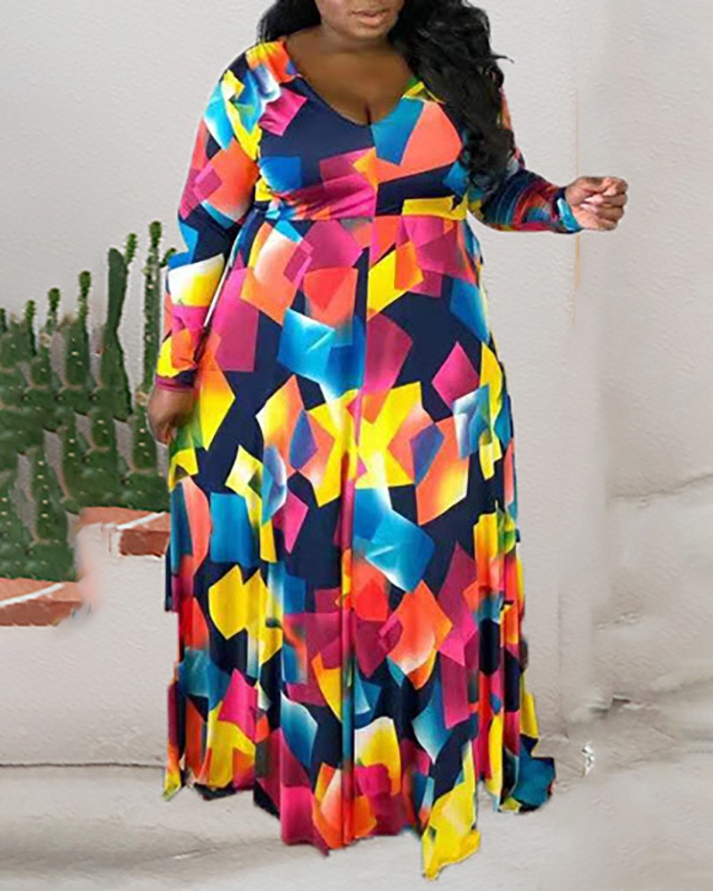 Plus Size Geo Pattern Print Long Sleeve Maxi Dress