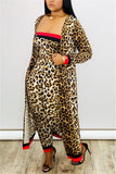 fashion sexy print leopard 3 piece suit wrap chest trousers long coat
