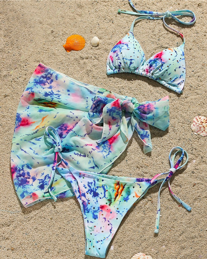 Abstract Print Tied Detail Rhinestone Bikini Set With Cover Up