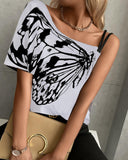 One Shoulder Butterfly Print Casual T shirt