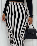 High Waist Striped Print Tassel Design Skirt