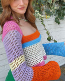 Rainbow Stripe Square Neck Open Knit Crop Sweater