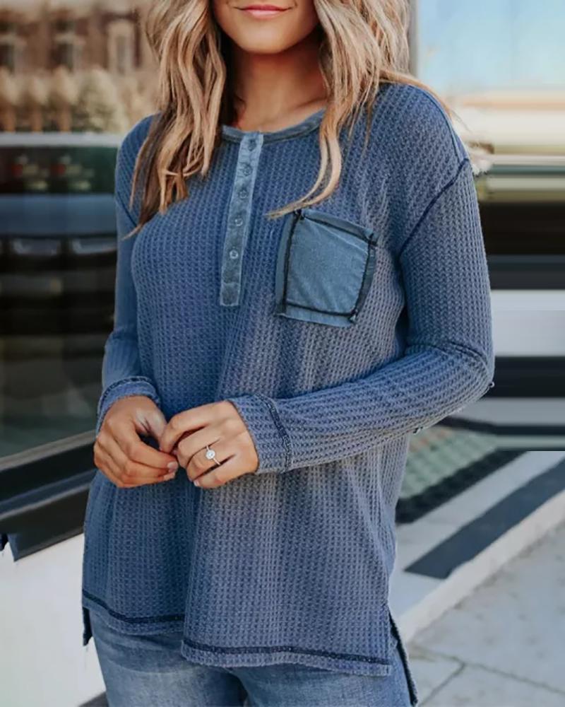 Waffle Knit Pocket Design Buttoned Long Sleeve Top