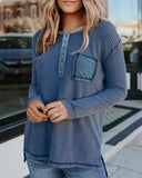 Waffle Knit Pocket Design Buttoned Long Sleeve Top