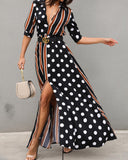 Dots & Stripes Plunge Slit Maxi Dress