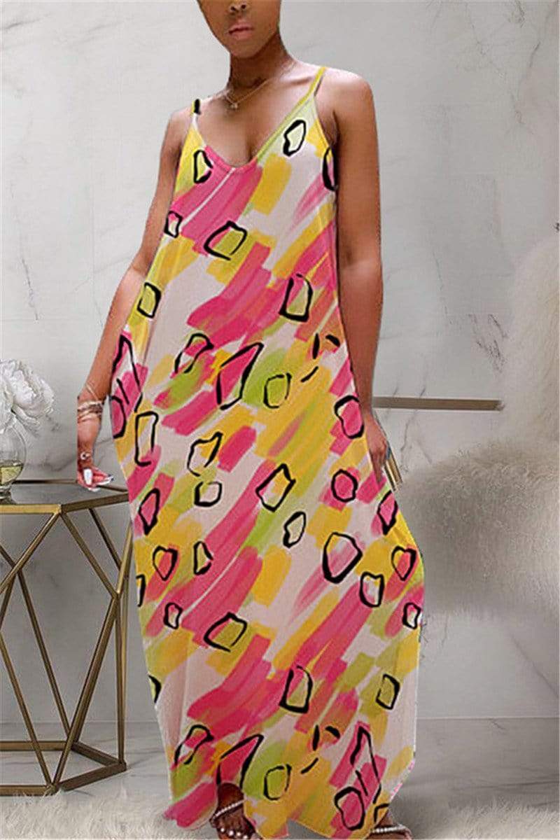 fashion casual v neck printed sling dress