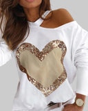 Heart Print Contrast Sequin One Shoulder Long Sleeve Top