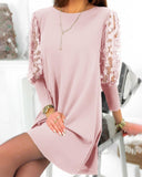 Guipure Lace Patch Lantern Sleeve Casual Dress