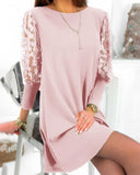 Guipure Lace Patch Lantern Sleeve Casual Dress