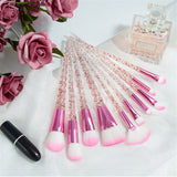 10 pc unicorn crystal plastic handle synthetic hair makeup brush set