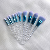 10 pc unicorn crystal plastic handle synthetic hair makeup brush set