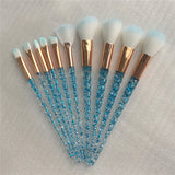 10 pc unicorn crystal plastic handle synthetic hair makeup brush set