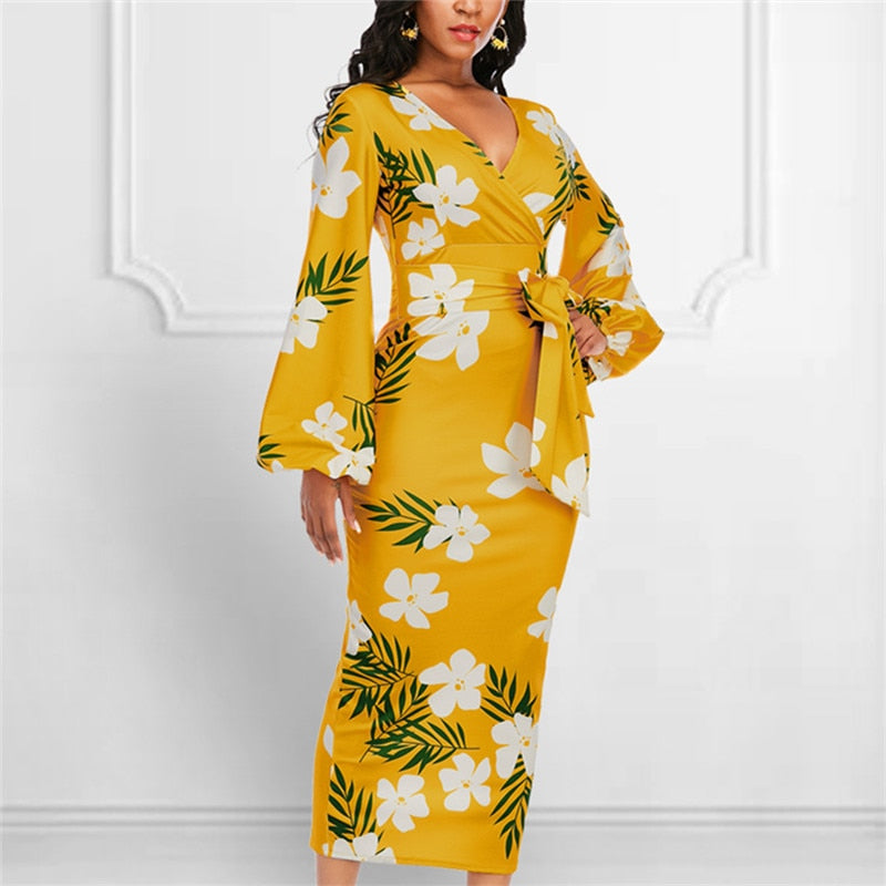 printed v neck long lantern sleeve high waist floral dress