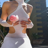 open back halter knitted hollow long sleeve bodycon dress