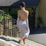 open back halter knitted hollow long sleeve bodycon dress