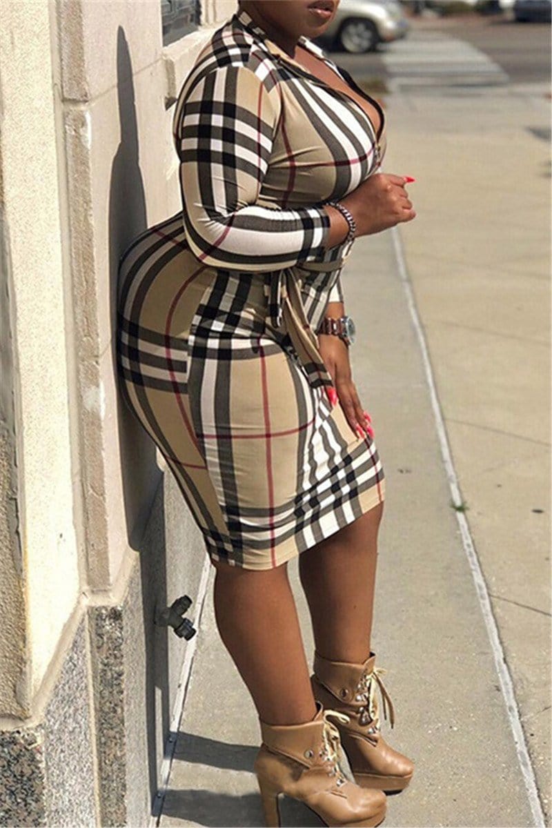 sexy fashion plaid long sleeved dress with belt
